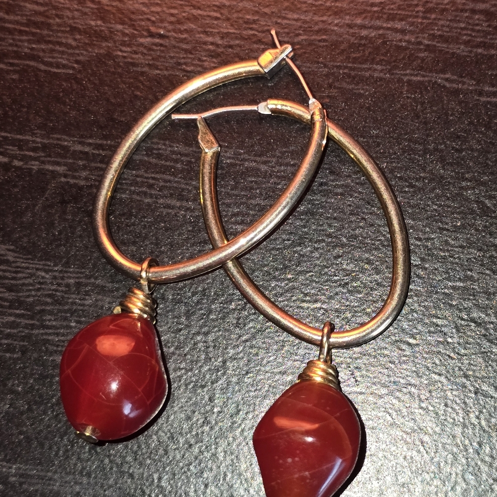 Gold and Red Teardrop Earrings with Minimalist Design